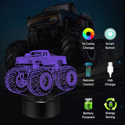 BASSI Monster Trucks Night Light for Boys, 3D LED Optical Illusion Lamp with Remote Control, 16 Colors Change Perfect Birthday Party Decor Idea for Boys, Kids, and Teens