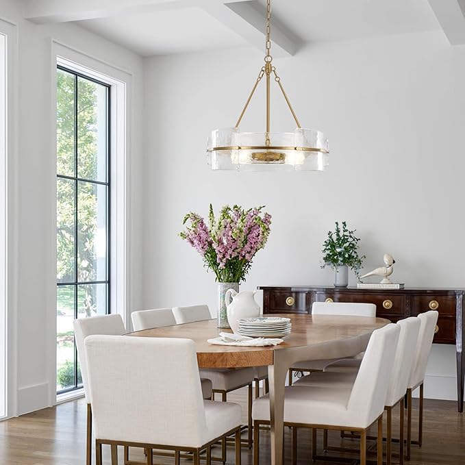 Modern Dining Room Chandelier, 22 inch Gold Textured Glass Drum Chandelier Luxury Crystal Hanging Lighting for Living Room Foyer Kitchen Island Bedroom
