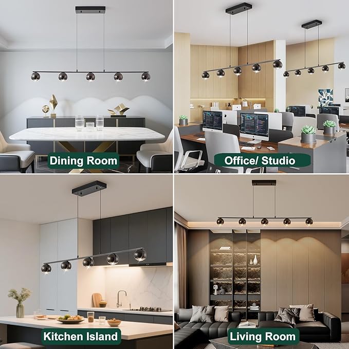 ORANOOR Modern LED Pendant Lights, Dimmable 47in Linear Globe LED Chandelier Lighting, Black & Gold Dining Room Hanging Light Fixtures Kitchen Island 5-Globe Pendant Light for Dining Table (3150lm)