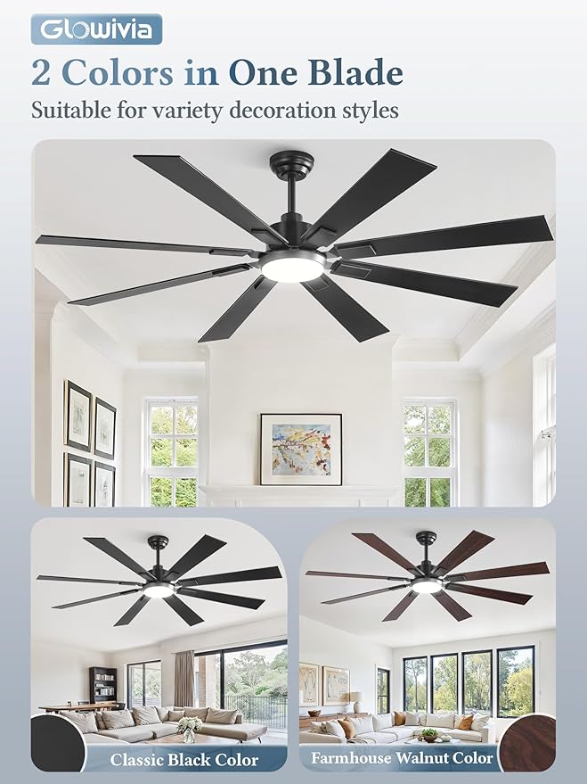 65 Inch Ceiling Fans with Lights and Remote&APP Control, Black Smart Ceiling Fan with 3000-6000K Dimmable, 6 Speeds Quiet Reversible Motor, Indoor/Outdoor Ceiling Fan for Living Room Bedroom