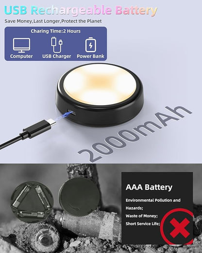 HOLKPOILOT Puck Lights with Remote, 2000mAh Battery Operated Rechargeable Under Cabinet Lighting, 3 Color Temps & 7 RGB Colors, Magnetic Closet Light, Black Wireless Puck Light for Kitchen, Shelf.