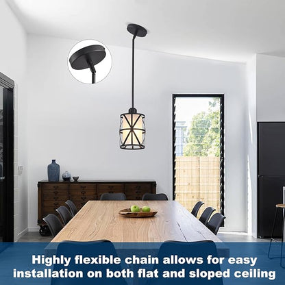 3 Pack Pendant Light Kitchen Island Pendant Light, Stem Rod Hanging Light with Spiral Cage Frosted Glass Shade, Black Modern Indoor Hanging Lamp