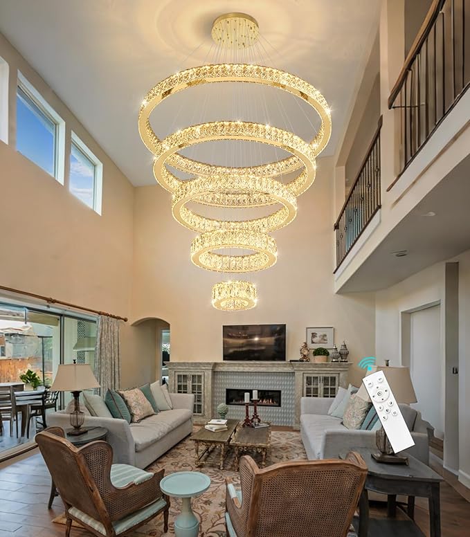 Modern High Ceiling Crystal Chandelier 90W Dimmable LED Chandeliers with Remote Luxury Height Adjustable Large Lighting Fixtures for Living Room Staircase Foyer Gold