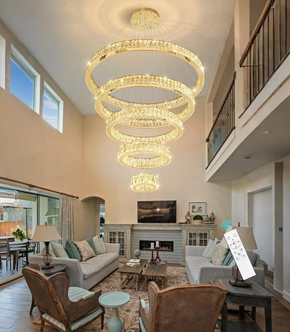 Modern High Ceiling Crystal Chandelier 90W Dimmable LED Chandeliers with Remote Luxury Height Adjustable Large Lighting Fixtures for Living Room Staircase Foyer Gold