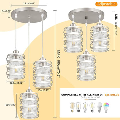 Brushed Nickel Cluster Pendant Lights, 3-Light Kitchen Island Pendant Light Fixtures with Clear Glass Shades, Adjustable Spiral Iron Dining Room Hanging Light Fixture