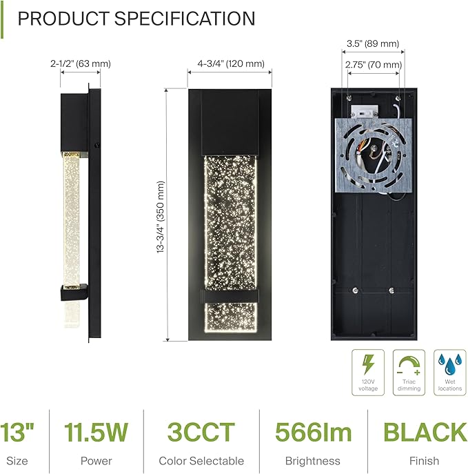 ASD LED 13" Bubble Glass Wall Light Fixture, Outdoor & Indoor Seeded Sconce | 3CCT, Waterproof, Dimmable, ETL Listed | 12W 500LM 3000-5000K 120V | Exterior Lantern, Porch Lighting | Black