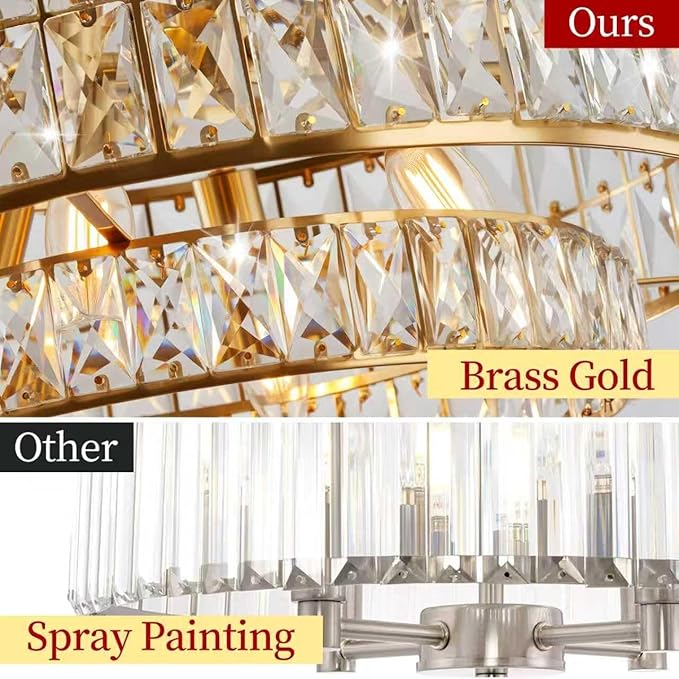 20 Inch Contemporary Luxury Crystal Chandelier, 6-Light Gold Semi-Flush Mount Ceiling Fixture, Round Crystal Pendant Design Perfect for Living Room, Dining Room, Kitchen, Foyer & Bedroom