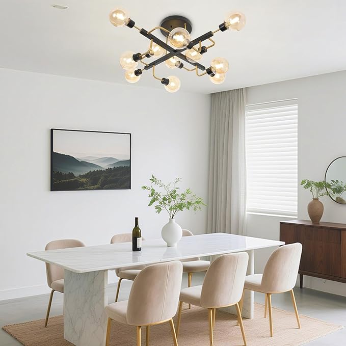 Depuley Sputnik Chandelier with Globe Glass: 12-Light Black and Gold Ceiling Light Fixture for Living Room Bedroom - Vintage Hanging Bubble Chandeliers for Dining Room Office (Included G9 Bulbs)