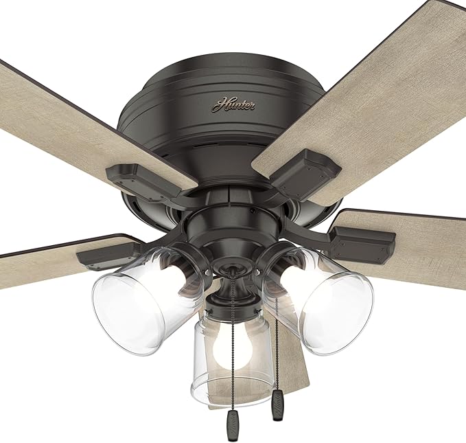 Hunter 42 inch Indoor Ceiling Fan with LED Lights and Pull Chain - Low Profile Flush Mount Ceiling Fan, 5 Blades, For Bedroom, Living Room, or Kitchen, Quiet - Crestfield 52153, Noble Bronze