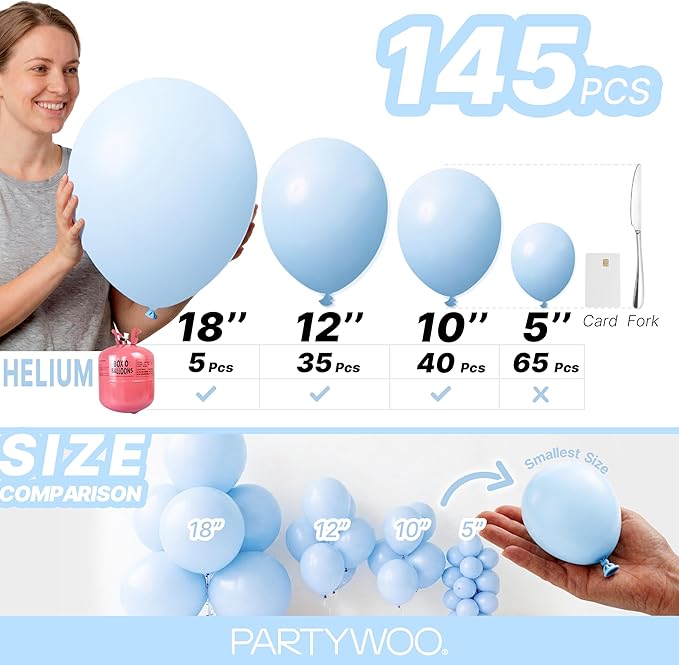 PartyWoo Baby Blue Balloons 145pcs Different Sizes of 18 12 10 5 Inch Light Pastel Sky Aqua Blue Balloon Arch Kit Garland for Graduation Baby Shower Gender Reveal Easter Party Decorations Blue-Q13