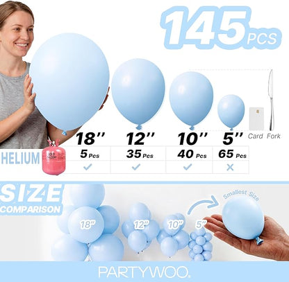 PartyWoo Baby Blue Balloons 145pcs Different Sizes of 18 12 10 5 Inch Light Pastel Sky Aqua Blue Balloon Arch Kit Garland for Graduation Baby Shower Gender Reveal Easter Party Decorations Blue-Q13