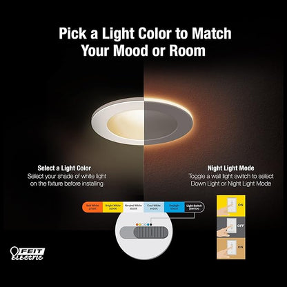 Feit Electric 4" LED Recessed Downlight with Night Light Mode, 50W Equivalent, Dimmable, 5CCT Selectable White, 90 CRI, 650 Lumens, 45 Year Lifetime, 4 Pack, LEDR4/NL/5CCTCA/4