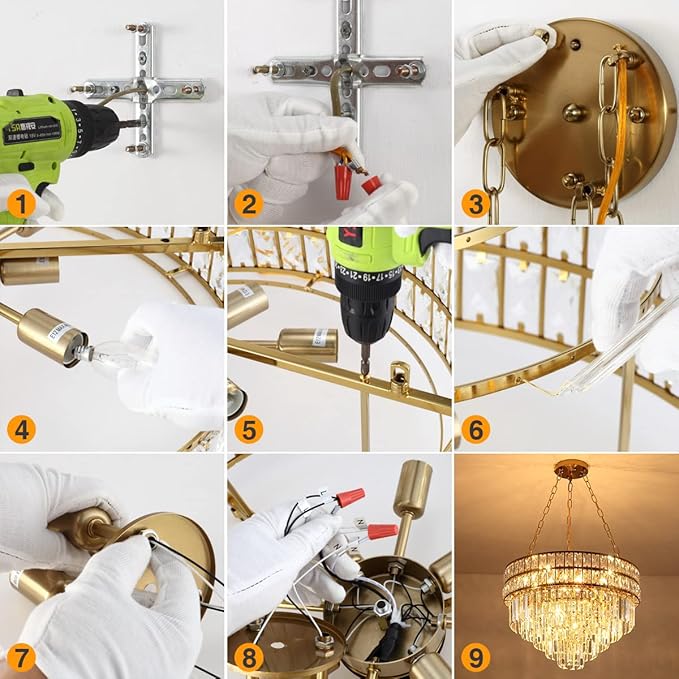 Modern Crystal Chandelier Gold Finish Light Fixture, Round Crystal Pendant Light Hanging Lamp, for Living Room, Dining Room, Restaurant, E12 x 11, Ø21.5 inch(V Shape)