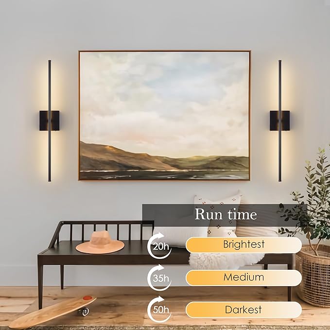 KARTOOSH Battery Operated Wall Sconces with Remote Control, Dimmable Wall Sconces Set of Two, 350°Rotate, 3000K LED Black Wireless Wall Light for Living Room, Hallway, Bedroom, 32.2 Inch (2 Pack)