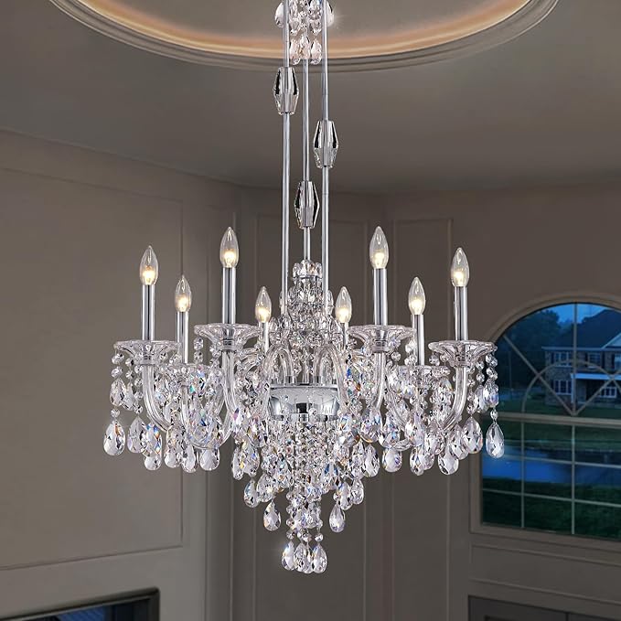 8-Light Crystal Candle Chandelier, Chrome Chandelier for Dining Room, Entryway & Living Room, Adjustable Height, E12 Base