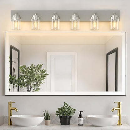 IZORRO Bathroom Vanity Light Fixture, 6-Light 46 Inch Brushed Nickel Bathroom Light Fixtures Over Mirror, with Clear Glass Shade, Modern Farmhouse Vanity Lights, Rustic Restroom Lighting Fixtures