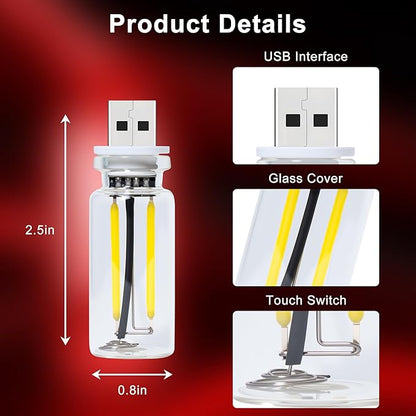 2 Packs USB Light for Car, Touch Dimmable Car Interior Ambient Lights - Portable Mini USB LED Light Bulb, Retro Glass Bottle Night Light for Vehicle, Bedroom, Hallway, Camping (Red)