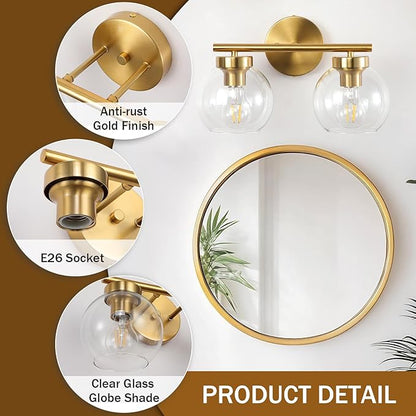 Gold Vanity Light, 2 Light Bathroom Vanity Light with Clear Globe Glass Shades, Modern Bathroom Light Fixture Over Mirror, Brass Wall Sconce Light for Bedroom Restroom, E26 Socket