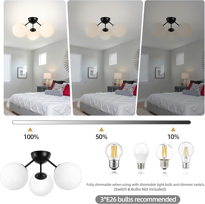 Bagood 3-Light Mid Century Modern Semi Flush Mount Ceiling Light, Opal Glass Globe & Matte Black, Dimmable, UL Certified, for Bedroom, Kitchen, Living Room (Bulb Incl.)