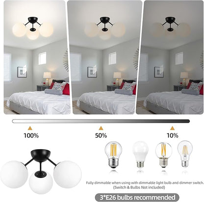Bagood 3-Light Mid Century Modern Semi Flush Mount Ceiling Light, Opal Glass Globe & Matte Black, Dimmable, UL Certified, for Bedroom, Kitchen, Living Room (Bulb Incl.)