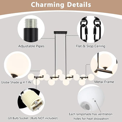 Linear Chandeliers for Dining Room, 55inch Glass Globe Chandelier Black Linear Sputnik Chandeliers 16 Light Large Long Modern Chandelier Milk White Glass Bubble Chandelier Kitchen Island Lighting