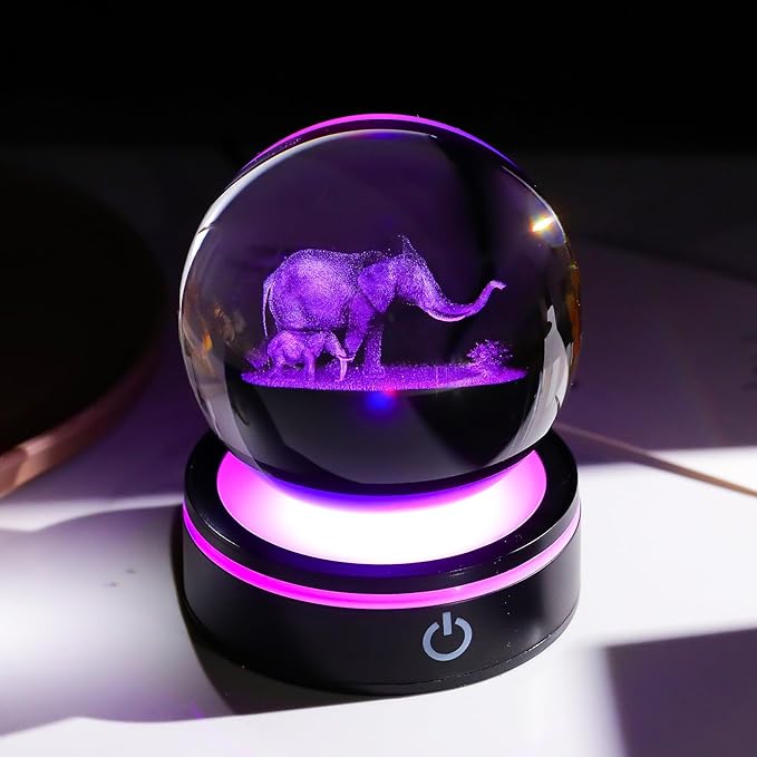 YWHL 3D Elephant Crystal Ball Figurine with Colorful Light Base, Elephant Gifts for Mom Women Men Elephants Lovers, Decorative Elephants Ball Glass Animal Globe Night Light for Home Decor (80mm)