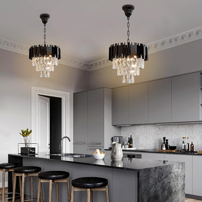 Modern Crystal Chandelier 16" Round K9 Crystal Ceiling Light Adjustable Black 3-Tier Chandelier with 5 Lights Elegant Fixture for Dining Room Living Room Foyer
