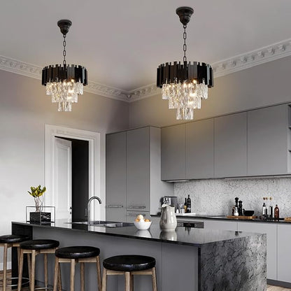 Modern Crystal Chandelier 16" Round K9 Crystal Ceiling Light Adjustable Black 3-Tier Chandelier with 5 Lights Elegant Fixture for Dining Room Living Room Foyer