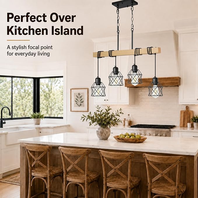4 Light Farmhouse Kitchen Island Lighting,Dining Room Light Fixture,Adjustable Height Pendant,Real Wood and Black Metal Cage Chandelier for Kitchen,Dining Room