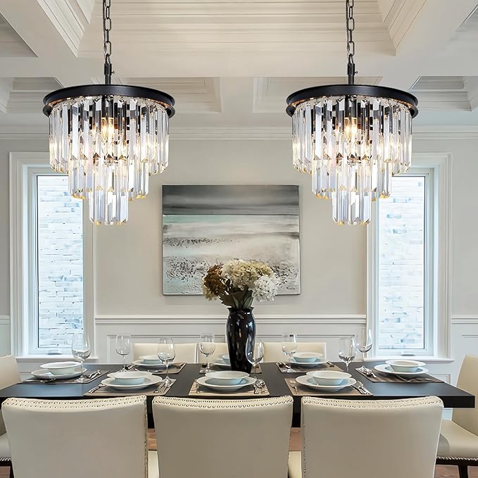 Small Black Crystal Chandeliers for Dining Room, 3-Tier 4 Lights Modern Chandelier Contemporary Luxury Top K9 Crystal Ceiling Pendant Light Fixture for Foyer Kitchen Bedroom Closet 14"