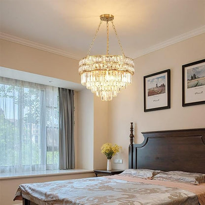Modern Crystal Chandelier Gold Finish Light Fixture, Round Crystal Pendant Light Hanging Lamp, for Living Room, Dining Room, Restaurant, E12 x 11, Ø21.5 inch(V Shape)
