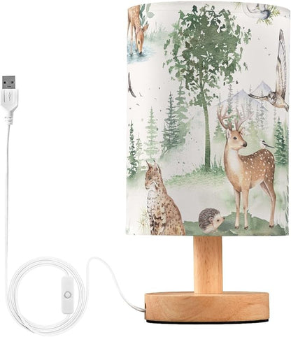 Bedside Table Lamp Woodland Animals Nightstand Lamp with Wood Forest Deer Owl Lynx Hedgehog Ermine Tree Desk Lamps for Bedroom Living Room Nursery Office Home Decor