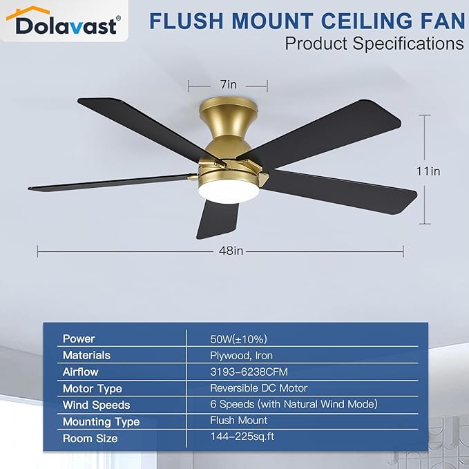 Ceiling Fans with Lights and Remote, 48 Inch Ceiling Fan with Light, Low Profile, Reversible, Dimmable LED, Flush Mount, Quiet, DC Motor, Gold Ceiling Fan for Bedroom, Kitchen, Dining Room