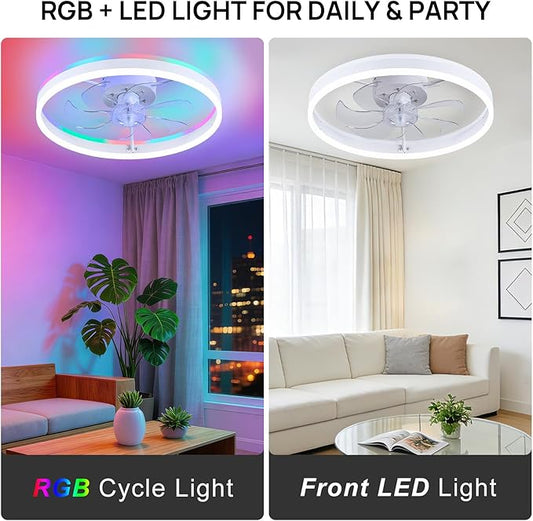 RGB Ceiling Fans with Lights, 16" Fandelier Low Profile Ceiling Fan with Light, Modern Flush Mount Ceiling Fan Light with Remote/APP Control, Bedroom Chandelier Fan Fixture for Indoor(White)