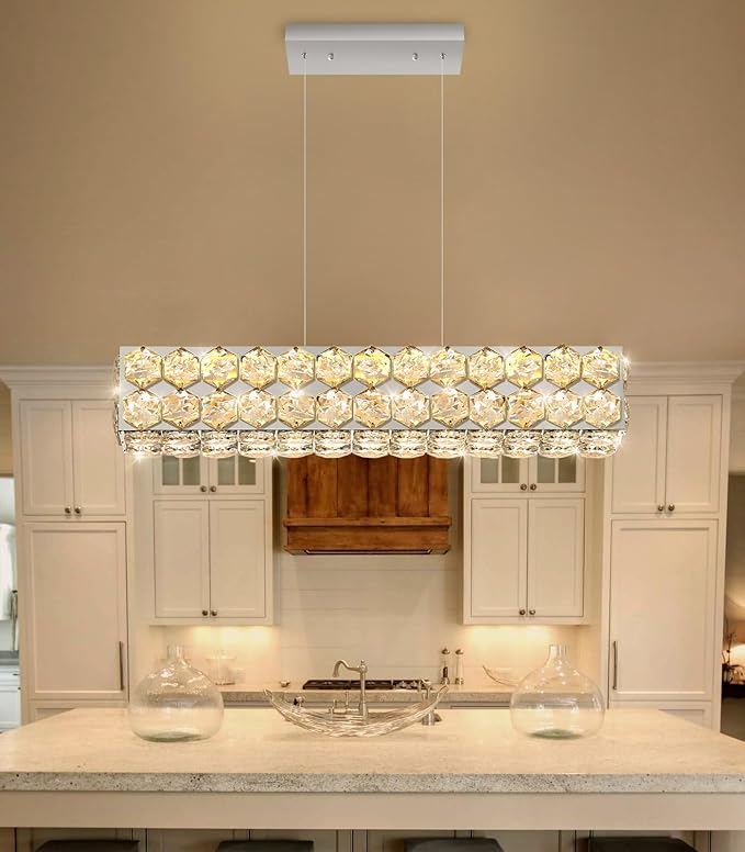 24'' Modern Crystal Chandelier for Dining Room Ceiling Light Fixture for Living Room Hallway Lighting LED Dimmable with Remote Silver
