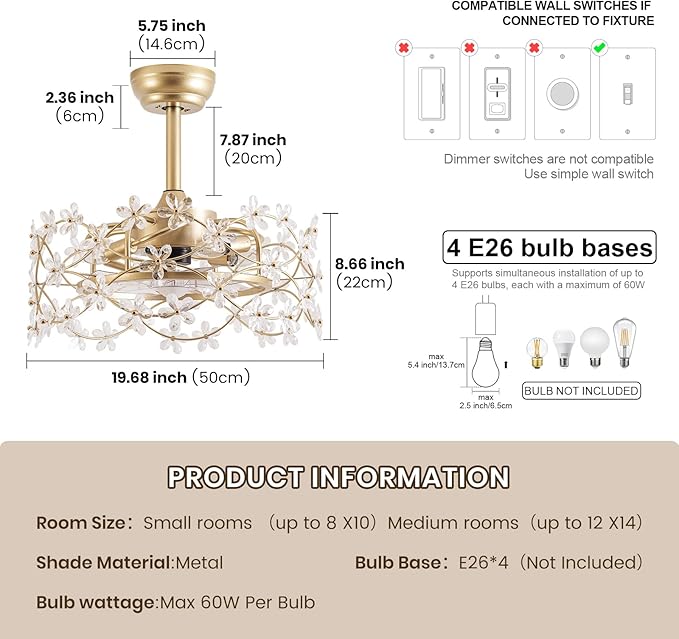 20" Gold Fandelier Ceiling Fan with Light, Flower Crystal Chandelier Ceiling Fan with Light and Remote Control, Modern Caged Enclosed 6 Speeds for Girl's Bedroom, Nursery, Living Room