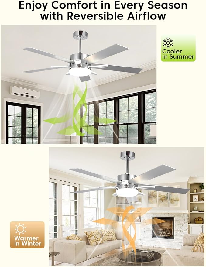 52-Inch DC Motor Ceiling Fan with LED Light and Remote, 5 Silver Plywood Blades, Reversible, Chrome Finish, 3 Color Temperatures, Dimmable Lighting, Energy Efficient Indoor Ceiling Fan