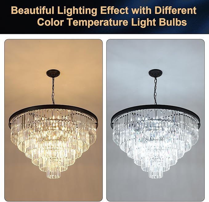 A AXILIXI 35'' Large Crystal Chandeliers 6-Tier Modern Black K9 Crystal Ceiling Pendant Light 22-Light Luxury Round Crystal Chandelier for High Ceiling Entryway Staircase Living Room Foyer