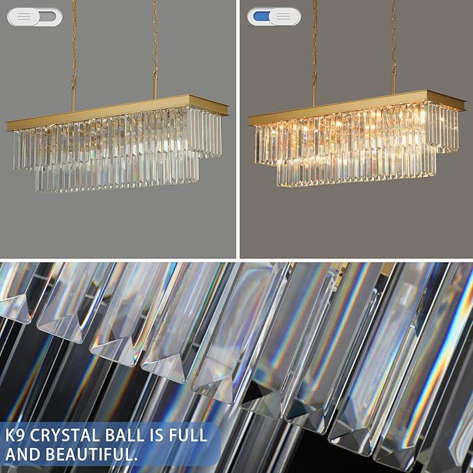Weesalife Crystal Chandeliers for Dining Room Light Fixtures Over Table，11-Lights Gold Modern Rectangle Chandeliers for Kitchen Island Bar L33.5 Inch