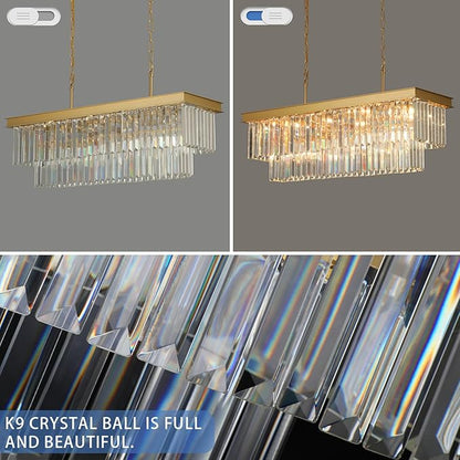 Weesalife Crystal Chandeliers for Dining Room Light Fixtures Over Table，11-Lights Gold Modern Rectangle Chandeliers for Kitchen Island Bar L33.5 Inch