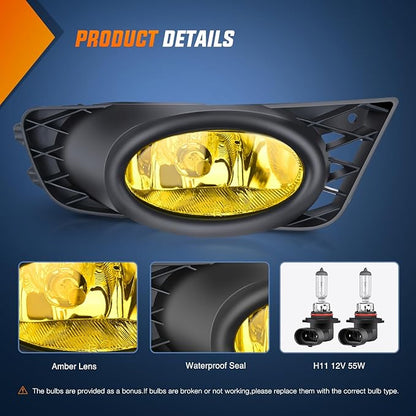 Nilight Fog Light Assembly Compatible with Honda Civic Sedan 2009 2010 2011 4 Door with Amber Lens Lamps Replacement H11 12V 55W Bulbs
