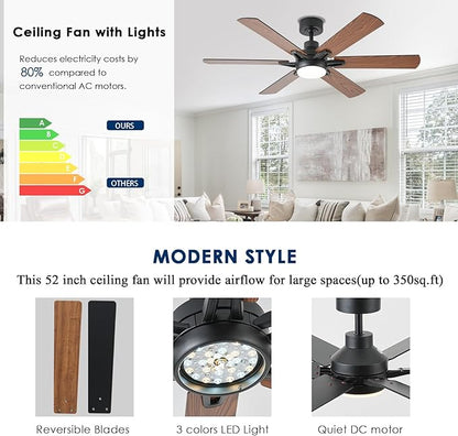 52in Ceiling Fans with Lights RGB Ceiling Fan with Light and Remote/APP Control,Low Profile Ceiling Fans with Lights for Bedroom,Living Room,Kids Room,3CCT Dimmable Modern Ceiling Fan, 6 Speeds,Brown