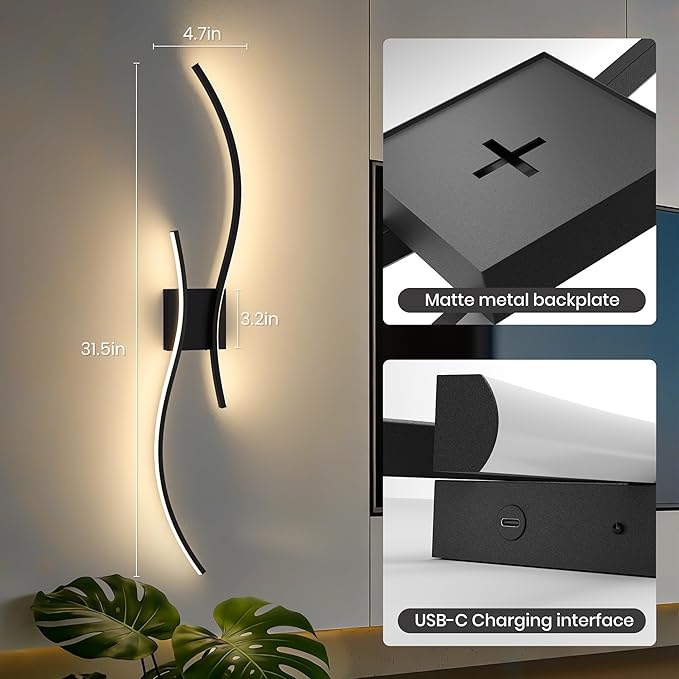 Battery Operated Wall Sconces Set of Two, 10000mAh Rechargeable Modern Wall Lights with Remote Control, Dimmable Black LED Cordless Lighting for Living Room, Bedroom, Hallway, 31.5 Inch, 3CCT