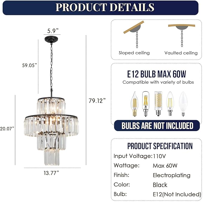 Black Crystal Chandelier, 7-Light 4 Tiers 13.77" Crystal Light, Adjustable Hanging Metal Ceiling Lighting Fixture, Modern Foyer Dining Room Chandeliers for Bedroom,Hallway,Kitchen