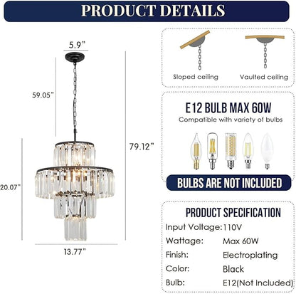 Black Crystal Chandelier, 7-Light 4 Tiers 13.77" Crystal Light, Adjustable Hanging Metal Ceiling Lighting Fixture, Modern Foyer Dining Room Chandeliers for Bedroom,Hallway,Kitchen