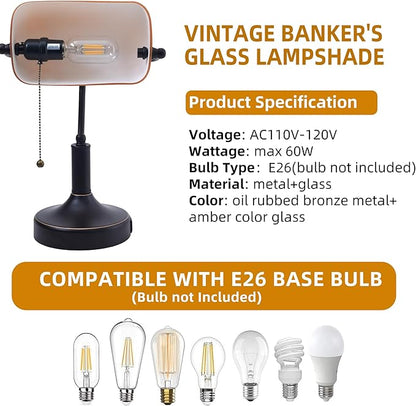 Vintage Bankers Desk Lamp with Pull Chain Switch, Traditional Desk Lamp with USB A and Type C Charging Port, Oil Rubbed Bronze Table Lamp with Amber Glass Shade for Office, Library, Study Room