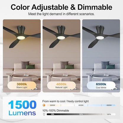 ocioc 52 inch Ceiling Fans with Lights and Remote, Dimmable Ceiling Fans with Reversible Quiet DC Motor, Flush Mount, 3CCT, Black Ceiling Fan for Bedroom Living Room Indoor/Outdoor