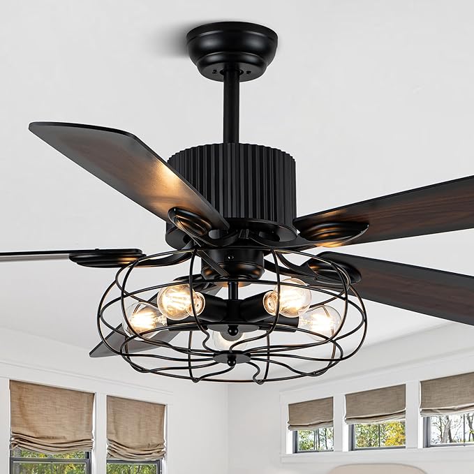 52" Farmhouse Ceiling Fans with Lights and Remote,Industrial Caged Rustic Retro Chandelier Ceiling Fan with Reversible Motor,5 Double Colour Blades for Dining Room Living Room Bedroom