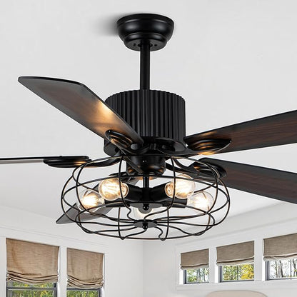 52" Farmhouse Ceiling Fans with Lights and Remote,Industrial Caged Rustic Retro Chandelier Ceiling Fan with Reversible Motor,5 Double Colour Blades for Dining Room Living Room Bedroom