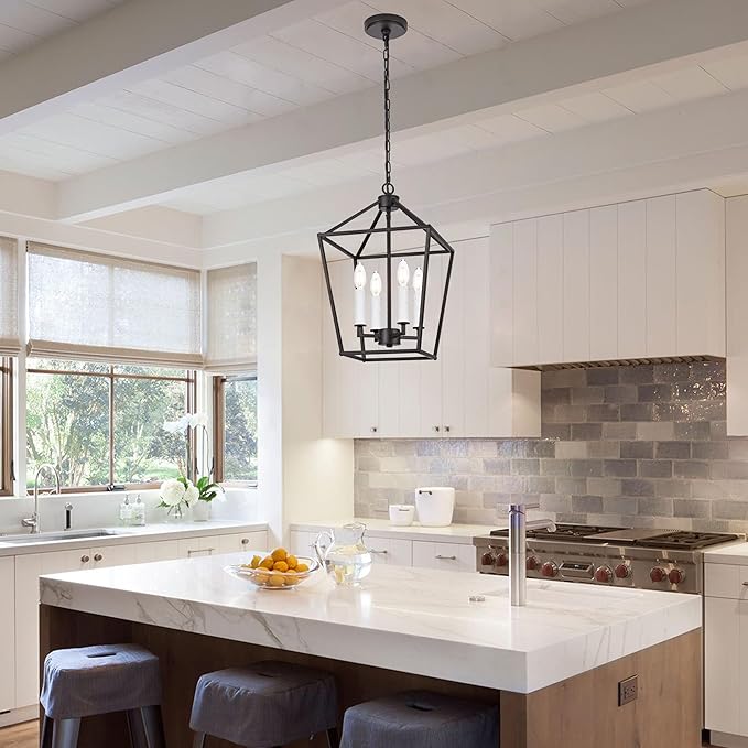 MELUCEE 4-Light Farmhouse Cage Pendant Light in Oil Rubbed Bronze Vintage Chandelier Lantern Hanging Light Fixtures Ceiling with White Candle-Shaped Socket for Kitchen Island, Dining Room, Foyer